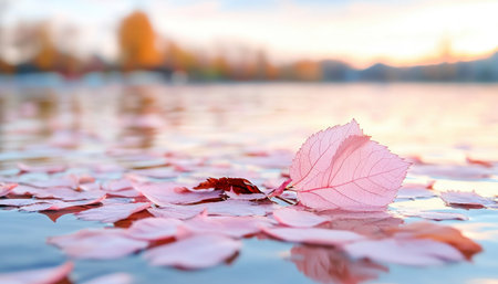 Twilight paints a serene scene: soft pink cherry blossoms drift onto a tranquil pond Bathed in gentle light, the image exudes peace Delicate petals, fluid movement, and balanced colors create a mesmerizing, quiet beauty This captures a moment of pure tranquility in nature's stillness AI Generativeの素材