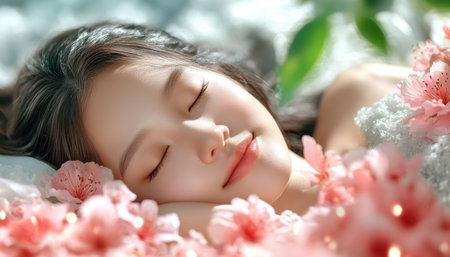 A woman reclines peacefully in a field of pastel blossoms, the sweet fragrance mingling with a gentle breeze This serene scene is a tranquil escape into nature's calm embrace Her slumber reflects the beauty and peace blooming all around, captured in soft, dreamy hues A moment of pure bliss AI Generativeの素材