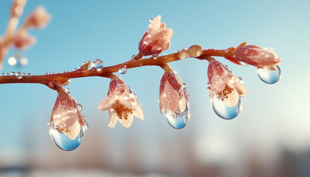Witness nature's artistry in this macro shot Delicate flower buds, kissed by morning dew, showcase crystalline droplets reflecting the clear blue sky Light refraction enhances each petal, revealing intricate details and fragile beauty This close-up captures the breathtaking wonder of dawn's dew-kissed floral canvas AI Generativeの素材