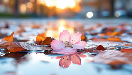 Immerse yourself in a tranquil twilight scene Cherry blossoms and soft pink petals gently float on a serene pond, reflecting golden light A delicate flower rests among autumn leaves, embodying calm and peace This breathtaking image, perfect for nature and art enthusiasts, captures the ephemeral beauty of a fleeting moment AI Generativeの素材