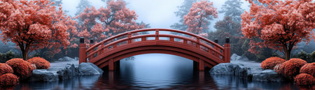 Escape to a serene spring valley with this image showcasing a wooden bridge over a calm stream, bursting with vibrant blooms Red trees reflect beautifully in the tranquil water, adding to the peaceful nature scene, enhanced by a soft mist Perfect for nature lovers seeking tranquility AI Generativeの素材