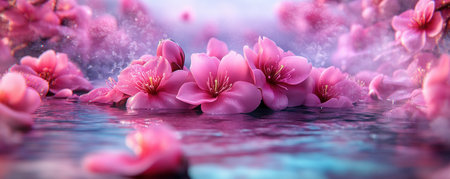 Immerse yourself in a tranquil spring scene Delicate cherry blossom petals drift upon a gentle stream, their soft pink hues mirrored in the smooth water This captivating image evokes peace and natural harmony, a perfect moment captured in time Experience the serene beauty and depth of this mesmerizing view AI Generativeの素材