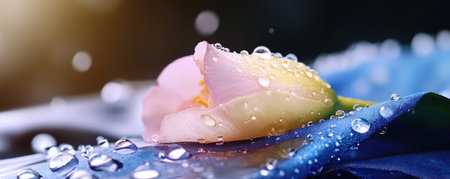 Witness nature's artistry: delicate dew drops cling to flower petals, illuminated by sunlight This close-up reveals crystalline sparkles, capturing the essence of a fresh morning Water droplets glisten like tiny jewels, showcasing ephemeral charm with soft, intricate detail A perfect, breathtaking image AI Generativeの素材
