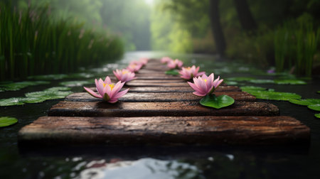 Immerse yourself in a serene lakeside scene featuring pastel water lilies and gentle reflections A wooden pathway guides the eye through this tranquil setting, where floral patterns and calming aromas enhance the peaceful atmosphere Perfect for nature lovers seeking a moment of calm AI Generativeの素材