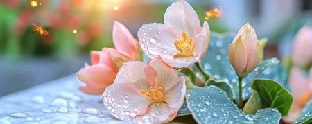 Capture the serene beauty of dawn with this floral image Dew-kissed peach petals sparkle, reflecting a fresh, pure morning This delicate scene evokes tranquility and promises a peaceful start Perfect for wallpapers, cards, or website backgrounds, it brings the magic of nature's awakening to your day AI Generativeの素材