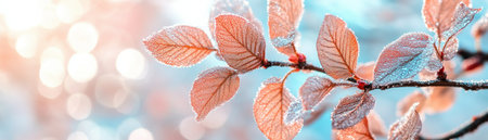 Witness nature's artistry: dew-kissed leaves sparkle like tiny crystals, bathed in sunlight Soft peach and cool blue hues create a serene, captivating spring morning This frozen moment showcases a delicate dance of light and color, a true masterpiece of nature's beauty AI Generativeの素材