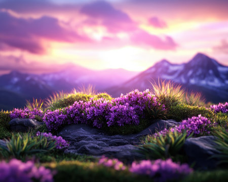 Escape to a hillside sunset painted with pastel wildflowers This image captures the delicate beauty of nature with vibrant colors, soft light, and the aroma of fresh grass and petals Ideal for wallpapers or designs, it brings tranquility and a touch of peace to any space AI Generativeの素材