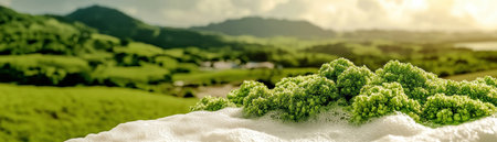 Escape to a tranquil meadow where delicate wildflowers, with intricate petals, bask in gentle sunlight This serene landscape, a lush green vista, offers a peaceful retreat Soft light blends with natural beauty, inviting nature lovers to discover calm in this picturesque scene AI Generativeの素材