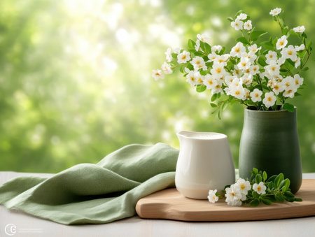 Bask in spring's glow with this serene picnic scene Sunlight illuminates a wooden board adorned with white flowers, a cream pitcher, and soft green cloth Rolling meadows and lush greenery create a vibrant, blurred backdrop Ideal for spring designs and promotions, this image captures the joy of outdoor dining AI Generativeの素材