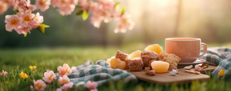 Escape to a serene spring meadow for a blissful picnic Bask in the sunlit sky amidst vibrant blossoms, with a cozy setup, delightful treats, and warm drinks Embrace tranquility and the charm of nature's beauty in this perfect outdoor gathering Enjoy the relaxing vibes of a peaceful spring day AI Generativeの素材