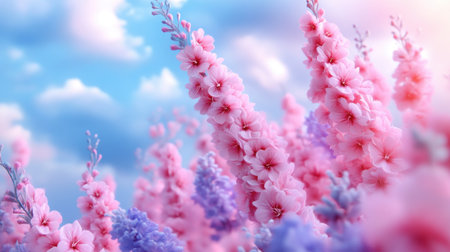 Escape to a serene spring meadow with this delicate watercolor scene Soft pink and lavender wildflowers bloom beneath a dreamy sky, their imagined scent filling the air Perfect for wallpapers, prints, and creative projects, this tranquil design blends color and imagination in harmonious beauty AI Generativeの素材