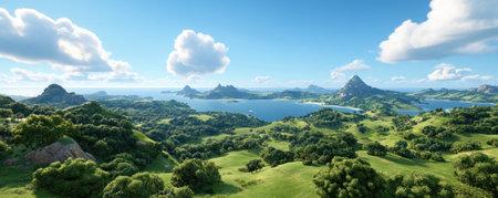 Immerse yourself in a verdant world, where lush greenery and vibrant wildlife flourish Discover breathtaking landscapes with peaceful green hills and a tranquil blue lake beneath a clear, cloud-dotted sky This idyllic vista invites you to explore and relax in nature's serene embrace AI Generativeの素材