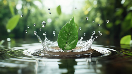 Immerse yourself in nature's purity with this photograph A vibrant green leaf kisses the water, creating a mesmerizing splash Dew drops glisten like jewels, capturing the essence of morning freshness Sparkling water and the leaf's fresh green hue evoke a new day, perfect for inspirational designs AI Generativeの素材