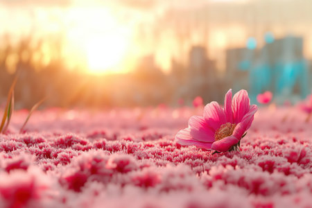 Immerse yourself in a sunrise vista where pastel, heart-shaped flowers bloom, filling the air with love and fragrance Vibrant pink blossoms create a romantic carpet, symbolizing beauty in nature This detailed, serene landscape is perfect for wallpaper or digital art, radiating warmth and tenderness AI Generativeの素材