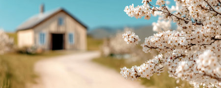 Immerse yourself in a serene rural spring scene Cherry blossoms burst beside rustic barns and inviting walking trails This image captures pastoral beauty: vibrant blossoms, quaint farm buildings, and gentle paths beckon exploration and relaxation amidst tranquil nature, embodying serene charm and quiet loveliness AI Generativeの素材