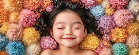 Drift into tranquility with this image of a child nestled amongst pastel flowers, smiling dreamily Soft, colorful blooms surround them, creating an enchanting scene of innocence and nature's beauty The peaceful expression and floral paradise evoke a sense of childhood wonder and a tranquil visual experience AI Generativeの素材
