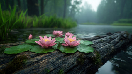 Escape to a tranquil lakeside where pastel water lilies bloom softly along the edge, their aroma enhancing the serenity This dreamy scene, captured with soft focus, showcases delicate natural beauty Perfect for calming backgrounds and peaceful art, explore the floral charm and embrace the calm atmosphere AI Generativeの素材