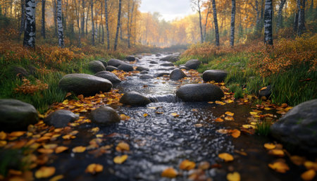 Escape to a tranquil forest where a river flows gently, birds chirp softly, and leaves rustle Golden autumn foliage reflects on the water, creating a stunning scene of natural beauty Immerse yourself in this peaceful image and experience the calming serenity of the woods AI Generativeの素材