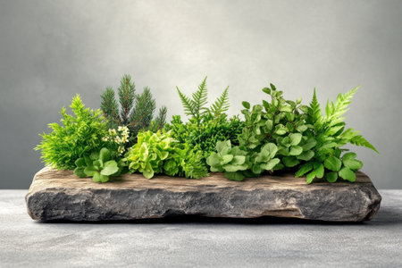 Witness nature's vibrant resilience: lush vegetation blankets the terrain, sprouting from weathered rock Fresh greenery creates a serene, eco-friendly vista, bursting with colorful leaves and intricate details Ideal for nature-inspired and eco-conscious projects, this image captures the enduring beauty of growth AI Generativeの素材