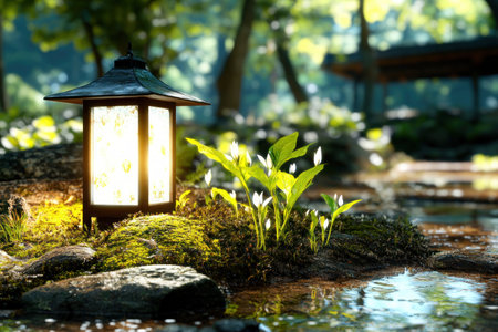 Journey into a tranquil, ancient forest reborn Saplings emerge from mossy roots, a lantern casts a gentle glow, and ponds mirror the vibrant ecosystem Discover nature's resilient beauty, where renewal and wonder intertwine This timeless sanctuary offers calm, inspiration, and a touch of magic AI Generativeの素材
