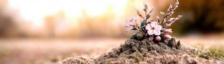 A tiny seedling emerges from rich soil in a revitalized forest, a symbol of growth and healing Delicate flowers bloom under gentle light, showcasing nature's resilience This serene scene embodies renewal and hope, a testament to life's enduring power and Earth's ability to thrive It s a vibrant symbol of new AI Generativeの素材