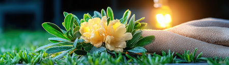 Capture the serene beauty of dawn with this close-up image Soft yellow flowers nestle amongst vibrant green leaves, dew-kissed and illuminated by gentle morning light Experience the tranquility of untouched nature, where delicate forms create a sense of calm and renewal This image embodies the peaceful start of a new AI Generativeの素材