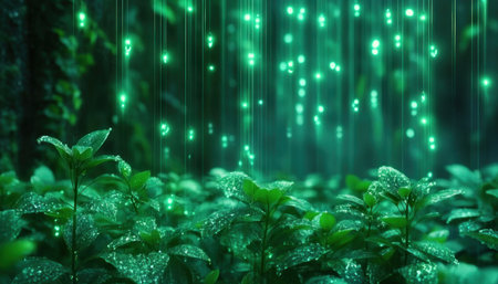Immerse yourself in a vibrant emerald garden, where lush foliage and delicate blooms create a magical sanctuary Shimmering light dances across the verdant scene, revealing nature's artistry in tranquil detail Explore this enchanted space, a captivating haven of life and light, offering a glimpse into pure wonder AI Generativeの素材