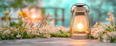 Witness dawn's serene beauty Dew-kissed textures meet a misty glow, captured in a tranquil scene A lantern casts soft light on delicate white flowers, creating a peaceful ambiance on wood Explore the ethereal feel and natural textures, ideal for backgrounds or scenic use AI Generativeの素材