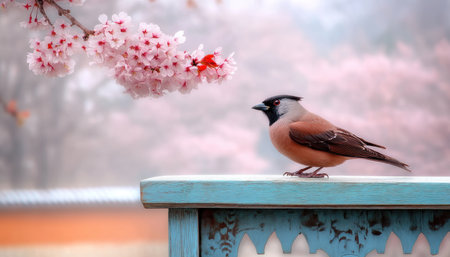 Immerse yourself in the tranquil beauty of spring Cherry blossoms grace a quiet countryside, their petals drifting in a gentle breeze A charming bird rests upon a light-blue bench, bathed in soft, natural light Delicate pink flowers create a peaceful, relaxing landscape in this serene nature scene AI Generativeの素材