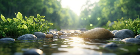 Escape into a serene organic landscape where sunlight illuminates lush greenery and a peaceful river reflects the vibrant foliage Smooth stones line the riverbed as the soft light creates a tranquil scene, filled with a gentle hum of wildlife This image perfectly captures the raw beauty and quietude of nature AI Generativeの素材