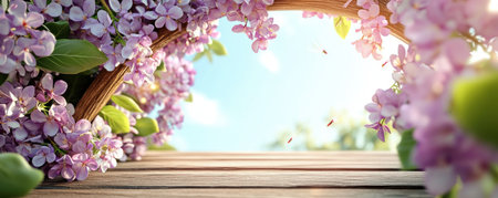 Escape to a tranquil spring garden A wisteria-draped archway welcomes you onto a sun-dappled stone path Delicate flowers bloom beneath a clear sky, as gentle breezes carry their sweet fragrance This scene invites you to embrace nature's beauty and savor the season's charm AI Generativeの素材