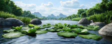 This nature photograph captures a serene wetland under a bright blue sky Lush greenery, clear water, and floating lily pads teem with life Birds, amphibians, and aquatic plants thrive in this tranquil pond scene, framed by rocks and vegetation Discover unspoiled beauty in this peaceful landscape AI Generativeの素材