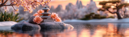 Escape to a secret garden where spring blossoms and gentle breezes create tranquility Cherry blossoms, a stone lantern, and a reflective pond shimmer under a soft sunset This serene scene is perfect for wallpaper, art prints, or dreamy backgrounds Discover this captivating landscape and its peaceful charm AI Generativeの素材