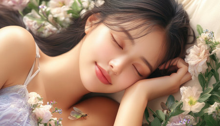 Escape to a tranquil scene: a woman rests amidst pastel blossoms, their fragrance carried by a gentle breeze Soft light illuminates her serene features in this dreamlike meadow It's a picture-perfect moment of peaceful repose, inspiring relaxation and calm Nature, florals, and beauty intertwine, bringing a sense of harmonious bliss AI Generativeの素材