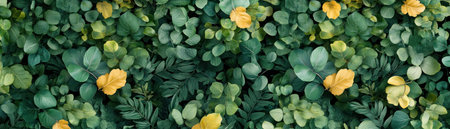 Immerse yourself in a vibrant natural scene Lush green leaves and vines teem with wildlife, punctuated by small yellow blooms This image's refreshing energy makes it perfect for backgrounds, wallpapers, or adding a natural touch to any digital project Experience nature's tapestry in every detail AI Generativeの素材