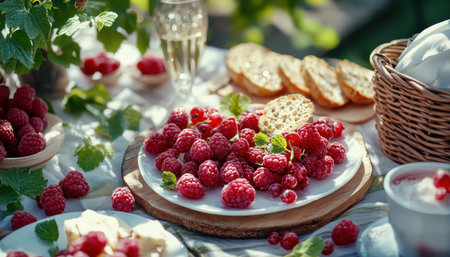 Escape to a tranquil spring picnic amidst nature's splendor Fresh raspberries, crusty bread, and a refreshing drink await under the warm sun This rustic scene embodies peaceful moments, ideal for enjoying nature's bounty and cherished company, creating lasting memories of an idyllic outdoor getaway AI Generativeの素材