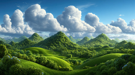 Escape to serene rolling hills, a haven of wildflowers and wildlife, showcasing eco-conscious design Explore lush landscapes bursting with vibrant blooms and natural habitats This tranquil vista, ideal for nature lovers, boasts gentle slopes, rich colors, and abundant plant life, creating an idyllic and peaceful retreat AI Generativeの素材