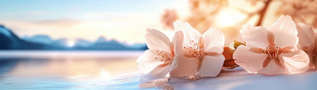 Immerse yourself in a serene hilltop vista, where cherry blossoms meet a valley bathed in sunrise This stunning image captures delicate pink petals and tranquil beauty, perfect for wallpaper, prints, or digital designs Experience nature's artistry in this breathtaking springtime scene, a captivating example of peace and beauty AI Generativeの素材