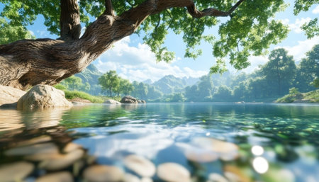 Escape to a tranquil spring countryside Gentle breezes whisper through leaves in a serene forest clearing, filled with birdsong Sunlight dances on water, creating a symphony of nature Discover a haven for reflection and rejuvenation Find peace and vibrant beauty in this perfect spring paradise AI Generativeの素材