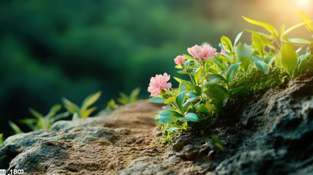 Immerse yourself in nature's tranquility with these stunning images Pink flowers bloom vibrantly from mossy rocks along a shadowed forest trail Discover this hidden vista, captured in exquisite detail under soft sunlight Ideal for backgrounds, wallpapers, and nature projects AI Generativeの素材
