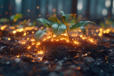 Witness a pristine wilderness where vibrant greenery and wildlife thrive New life emerges from fertile soil, with glowing particles dancing in a mesmerizing display This captivating scene highlights nature's power and resilience, offering a glimpse into an enchanting, untouched environment teeming with growth and harmony AI Generativeの素材