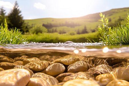 Immerse yourself in nature's raw beauty with this captivating image A crystal stream flows over smooth stones, sunbeams pierce lush greenery, and misty light illuminates the scene While no spiderwebs glisten, the reflection reveals nature's intricate details, a pure and breathtaking moment for every nature lover AI Generativeの素材