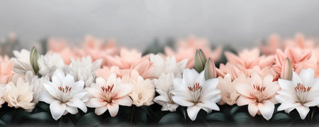 Immerse yourself in the serene beauty of pastel pink and cream lilies gently swaying in the breeze The soft floral scent intertwines with a hint of rain, creating a calming effect This delicate image, with muted tones, adds elegance and tranquility, making it perfect as a backdrop for any project AI Generativeの素材