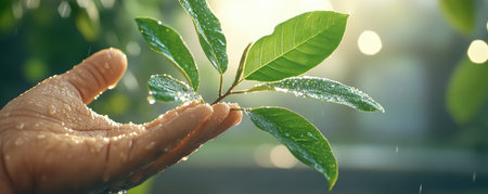 This image captures nature's serenity: dewdrops sparkle like gems on lush greenery, a hand gently holding a leafy sprig Soft light highlights the water's delicacy and the leaves' fragile beauty, showcasing a gentle connection between humanity and nature A refreshing glimpse of life's simple wonders AI Generativeの素材