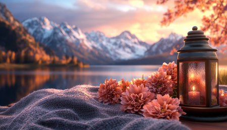 Escape to a tranquil countryside spring picnic Imagine soft blankets, vibrant flowers, and joyful energy A scenic landscape unfolds with mountains, a serene lake, and a glowing lantern This picturesque setting promises relaxation and invites outdoor gatherings amidst nature's beauty Discover a charming escape filled with warmth and light AI Generativeの素材