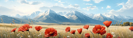 Immerse yourself in a breathtaking wildflower field, a vibrant tapestry of flora painted across a pristine landscape Red poppies dance in a golden meadow beneath a clear blue sky, framed by snow-capped mountains This scenic photography creates a peaceful environment, perfect for beautifying your home AI Generativeの素材