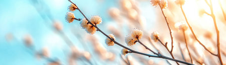 Capture the ephemeral beauty of spring with this close-up of willow catkins Golden light illuminates fluffy textures and dew-kissed details, creating tiny sparkling crystals A soft, blurred blue background enhances the serene scene Perfect for elegant, botanical spring imagery AI Generativeの素材