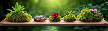 Step into a tiny forest, where mossy domes, one with a red flower and another verdant, rest beside a gray stone on a wooden shelf Lush foliage and whispers of nature create an intimate, natural display Experience the essence of a woodland trail, brought indoors, in this miniature masterpiece AI Generativeの素材