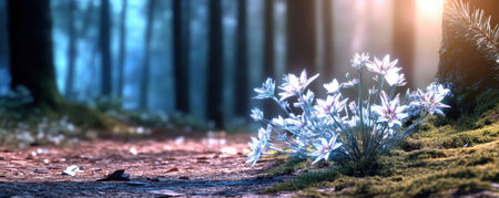 Venture into a remote, shadowed forest along an enchanting trail Mossy paths wind through secluded woodland, adorned with vibrant flowers Discover serene beauty amidst nature's embrace Explore quiet solitude and vivid colors; perfect for peaceful journeys or adventurous souls within this dark, picturesque trail AI Generativeの素材