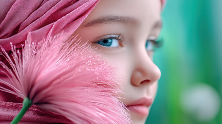 A young person's captivating gaze, framed by a vibrant pink head covering and striking blue eyes, draws you in A soft, yet vivid scene unfolds, highlighted by a delicate pink flower Though the grass remains unseen, the image exudes serene peace, reminiscent of fresh dew-kissed blades sparkling in morning light, AI Generativeの素材